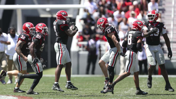 Apr 13, 2024; Athens, GA, USA; Georgia Bulldogs inside linebacker CJ Allen (3) intercepts the ball during the G-Day Game at Sanford Stadium. Mandatory Credit: Mady Mertens-USA TODAY Sports