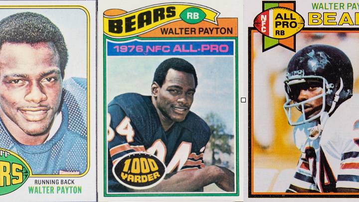 Images of card from Card Ladder including (left to right): 1976 Topps Walter Payton #148; 1977 Topps Walter Payton #360; and 1979 Topps Walter Payton #480. Images of card from Card Ladder including (left to right): 1976 Topps Walter Payton #148; 1977 Topps Walter Payton #360; and 1979 Topps Walter Payton #480.