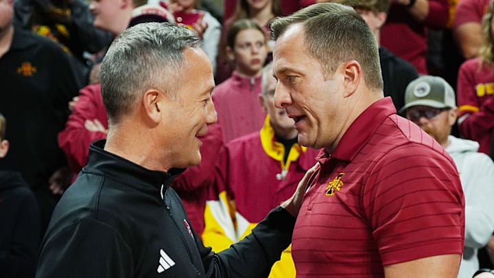 Iowa State Cyclones men's basketball head coach T.J. Otzelberger greets Texas Tech Red Raiders men's basketball head coach Grant McCasland before the game in the Big-12 conference men’s basketball showdown on Feb. 28, 2026, at Hilton Coliseum in Ames, Iowa.