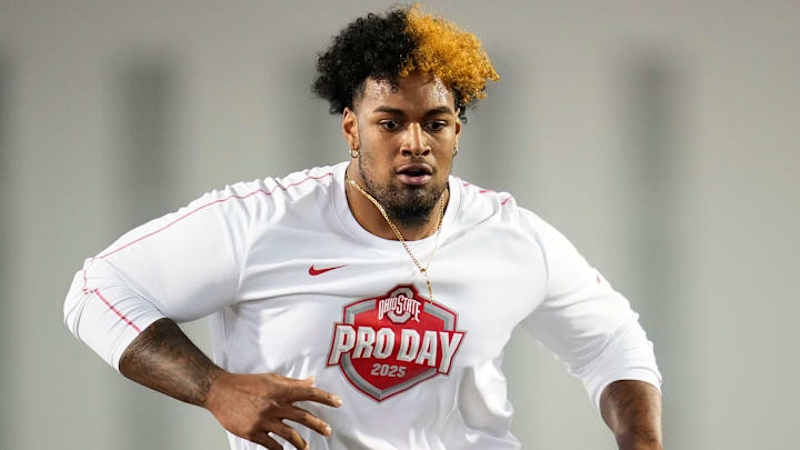 Ohio State Buckeyes offensive lineman Josh Simmons works out during the pro day for NFL scouts at the Woody Hayes Athletic Cente on March 26, 2025. Ohio State Buckeyes offensive lineman Josh Simmons works out during the pro day for NFL scouts at the Woody Hayes Athletic Cente on March 26, 2025.