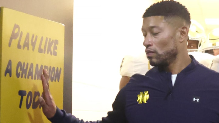 Nov 15, 2025; Pittsburgh, Pennsylvania, USA; Notre Dame Fighting Irish head coach Marcus Freeman leads the team from the locker room to play the Pittsburgh Panthers at Acrisure Stadium. Nov 15, 2025; Pittsburgh, Pennsylvania, USA; Notre Dame Fighting Irish head coach Marcus Freeman leads the team from the locker room to play the Pittsburgh Panthers at Acrisure Stadium.