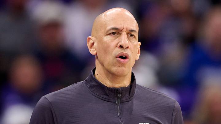 Apr 10, 2026; Sacramento, California, USA; Sacramento Kings head coach Doug Christie looks on against the Golden State Warriors during the second quarter at Golden 1 Center. Mandatory Credit: Robert Edwards-Imagn Images