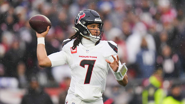 Jan 18, 2026; Foxborough, MA, USA; Houston Texans quarterback C.J. Stroud (7) throws in the first quarter in an AFC Divisional Round game against the New England Patriots at Gillette Stadium. Mandatory Credit: David Butler II-Imagn Images