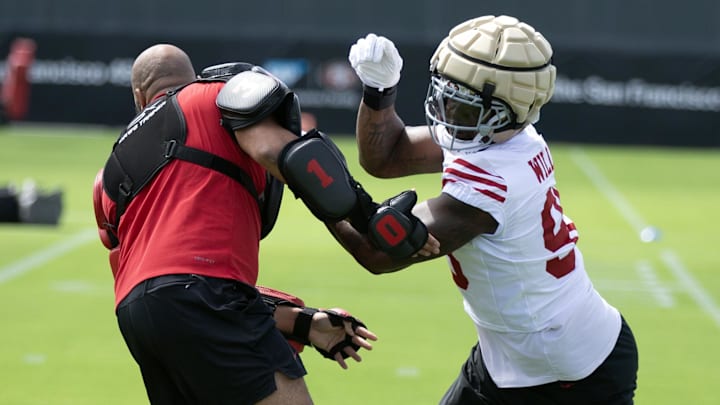 Jul 23, 2025; Santa Clara, CA, USA; San Francisco 49ers defensive end Mykel Williams (98) works on a blocking drill during the first day of training camp at SAP Performance Facility. Mandatory Credit: D. Ross Cameron-Imagn Images
