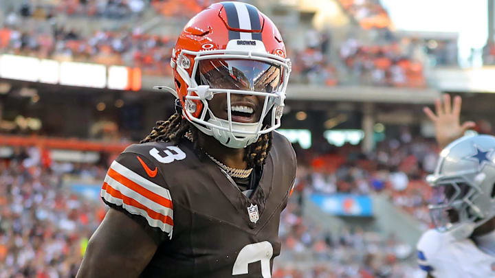 Cleveland Browns wide receiver Jerry Jeudy (3) celebrates after scoring his first touchdown as a Brown during the second half of an NFL football game against the Dallas Cowboys at Huntington Bank Field, Sunday, Sept. 8, 2024, in Cleveland, Ohio.