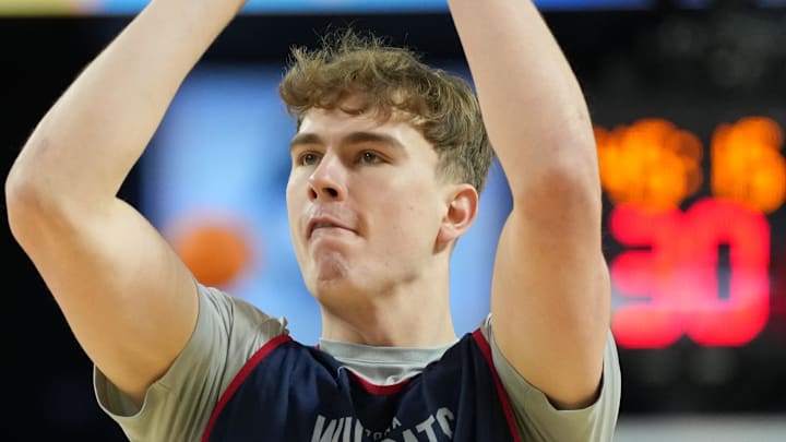 Apr 3, 2026; Indianapolis, IN, USA; Arizona Wildcats center Motiejus Krivas (13) shoots the ball during a practice session ahead of the Final Four of the men's 2026 NCAA Tournament at Lucas Oil Stadium. Mandatory Credit: Bob Donnan-Imagn Images