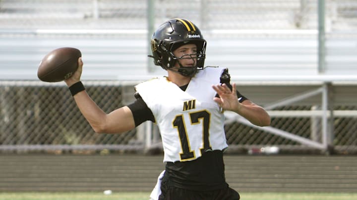 Quarterback Kevin Verpaele during Merritt Island High football team practice on July 30th afternoon at Mustang Stadium.