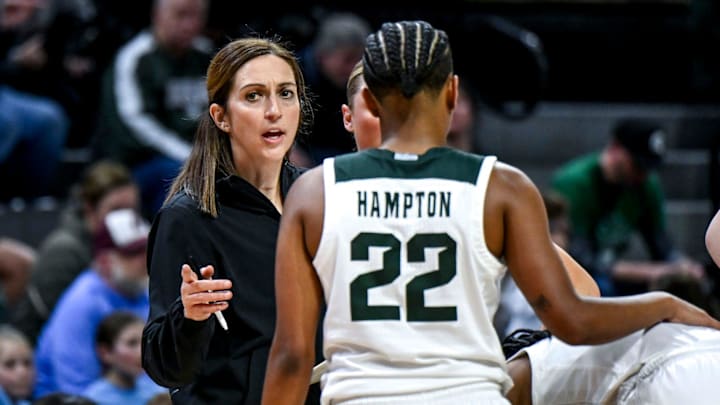 Michigan State's head coach Robyn Fralick, left, talks with the team during the fourth quarter in the game against Oregon on Thursday, Jan. 30, 2025, at the Breslin Center in East Lansing. Michigan State's head coach Robyn Fralick, left, talks with the team during the fourth quarter in the game against Oregon on Thursday, Jan. 30, 2025, at the Breslin Center in East Lansing.