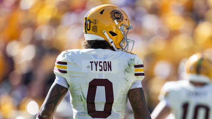 Oct 18, 2025; Tempe, Arizona, USA; Detailed view of the jersey of Arizona State Sun Devils wide receiver Jordyn Tyson (0) against the Texas Tech Red Raiders at Mountain America Stadium. Mandatory Credit: Mark J. Rebilas-Imagn Images