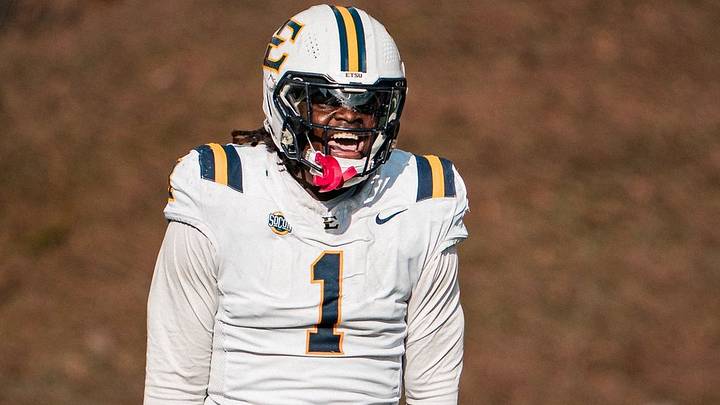 Former East Tennessee State defensive lineman Brian Alston celebrates after making tackle. Former East Tennessee State defensive lineman Brian Alston celebrates after making tackle.