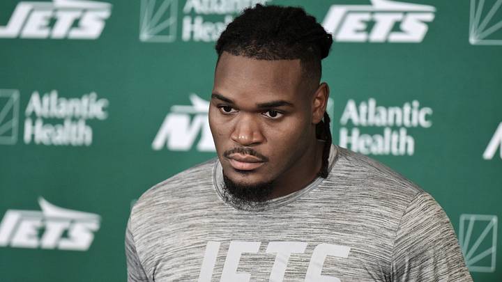 New York Jets linebacker Jamien Sherwood (44) speaks at a press conference during training camp at Atlantic Health Jets Training Center. Mandatory Credit: John Jones-Imagn Images New York Jets linebacker Jamien Sherwood (44) speaks at a press conference during training camp at Atlantic Health Jets Training Center. Mandatory Credit: John Jones-Imagn Images