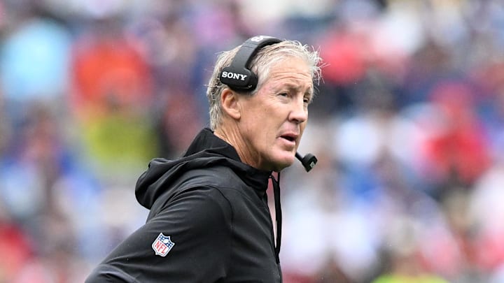 Sep 7, 2025; Foxborough, Massachusetts, USA; Las Vegas Raiders head coach Pete Carroll in the first half against the New England Patriots at Gillette Stadium. Mandatory Credit: Brian Fluharty-Imagn Images