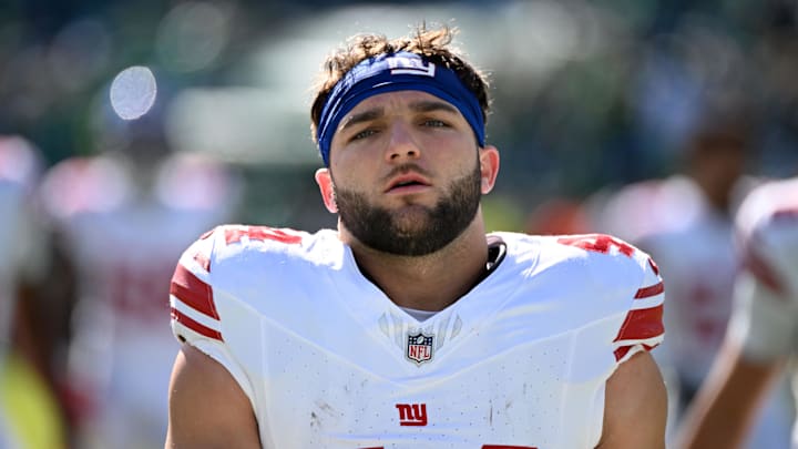 Oct 26, 2025; Philadelphia, Pennsylvania, USA; New York Giants running back Cam Skattebo (44) looks on before the game against the Philadelphia Eagles at Lincoln Financial Field. Mandatory Credit: Eric Hartline-Imagn Images