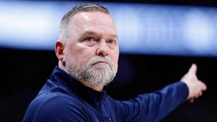 Apr 1, 2025; Denver, Colorado, USA; Denver Nuggets head coach Michael Malone in the second quarter against the Minnesota Timberwolves at Ball Arena. Mandatory Credit: Isaiah J. Downing-Imagn Images