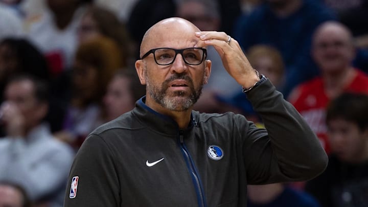 Mar 8, 2023; New Orleans, Louisiana, USA; Dallas Mavericks head coach Jason Kidd reacts to a technical foul called on guard Luka Doncic (77) against the New Orleans Pelicans during the first half at Smoothie King Center. Mandatory Credit: Stephen Lew-Imagn Images Mar 8, 2023; New Orleans, Louisiana, USA; Dallas Mavericks head coach Jason Kidd reacts to a technical foul called on guard Luka Doncic (77) against the New Orleans Pelicans during the first half at Smoothie King Center. Mandatory Credit: Stephen Lew-Imagn Images
