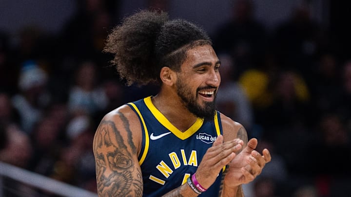 Indiana Pacers forward Obi Toppin (1) celebrates a made basket in the first half against the Charlotte Hornets at Gainbridge Fieldhouse.