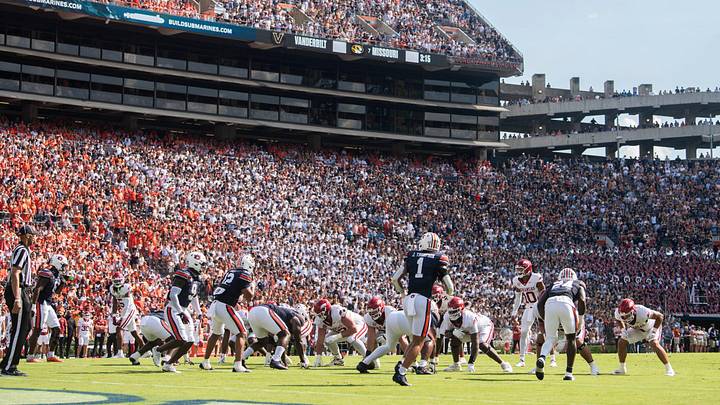 Auburn Tigers take on Arkansas Razorbacks at Jordan-Hare Stadium in Auburn, Ala., on Saturday, Sept. 21, 2024. Arkansas Razorbacks lead Auburn Tigers 7-0 at halftime. Auburn Tigers take on Arkansas Razorbacks at Jordan-Hare Stadium in Auburn, Ala., on Saturday, Sept. 21, 2024. Arkansas Razorbacks lead Auburn Tigers 7-0 at halftime.