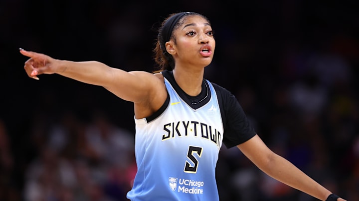 Aug 28, 2025; Phoenix, Arizona, USA; Chicago Sky forward Angel Reese (5) reacts against the Phoenix Mercury in the first half at Phx Arena. Mandatory Credit: Mark J. Rebilas-Imagn Images