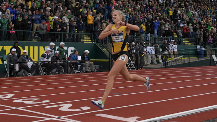 Jun 10, 2017; Eugene, OR, USA; Karissa Schweizer of Missouri celebrates after winning the women's 5,000m in 15;38.93 during the NCAA Track and Field Championships at Hayward Field. Mandatory Credit: Kirby Lee-Imagn Images