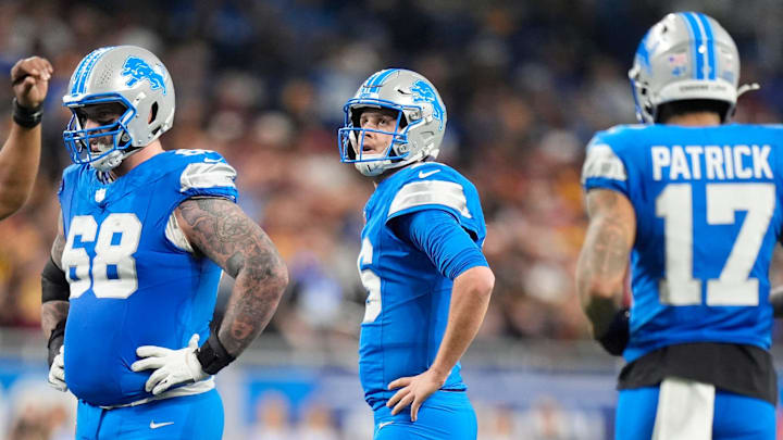 Detroit Lions quarterback Jared Goff looks up in the fourth quarter of his team's divisional round loss to the Washington Commanders.