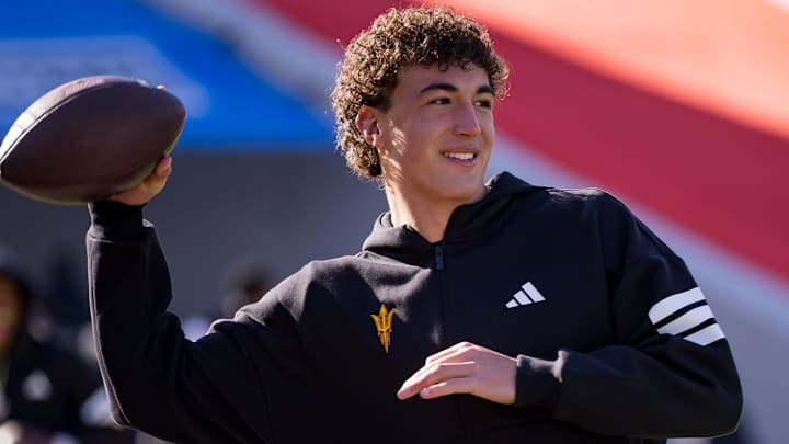 Del Valle alum Jake Fette, an incoming Arizona State freshman, throws the ball as Arizona State warms up before facing Duke in the Tony the Tiger Sun Bowl at Sun Bowl Stadium in El Paso, Texas, on Wednesday, Dec. 31, 2025.