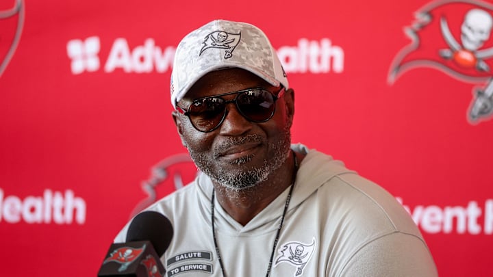 Tampa Bay Buccaneers head coach Todd Bowles talks to media after training camp at AdventHealth Training Center.