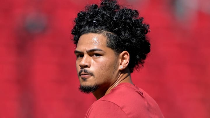 Sep 6, 2025; Los Angeles, California, USA;  USC Trojans quarterback Jayden Maiava (14) warms up prior to the game against the Georgia Southern Eagles at United Airlines Field at Los Angeles Memorial Coliseum. Mandatory Credit: Jayne Kamin-Oncea-Imagn Images
