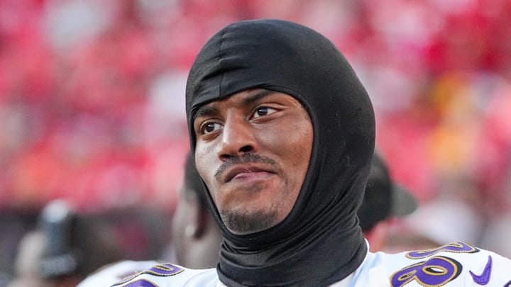 Baltimore Ravens tight end Isaiah Likely on the sidelines. Baltimore Ravens tight end Isaiah Likely on the sidelines.