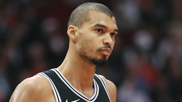 Jan 28, 2026; Houston, Texas, USA; San Antonio Spurs forward Victor Wembanyama (1) reacts after a play during the first quarter against the Houston Rockets at Toyota Center. Mandatory Credit: Troy Taormina-Imagn Images