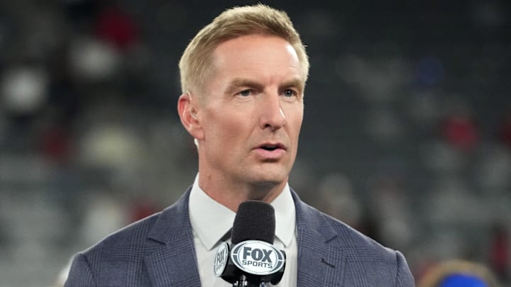 Jan 2, 2026; San Diego, CA, USA; Fox Sports broadcaster Joel Klatt emcees the Holiday Bowl trophy presentation at Snapdragon Stadium. Mandatory Credit: Kirby Lee-Imagn Images
