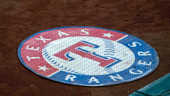 Sep 3, 2018; Arlington, TX, USA; A view of the Texas Rangers logo and batters circle during the game between the Texas Rangers and the Los Angeles Angels at Globe Life Park in Arlington. Mandatory Credit: Jerome Miron-Imagn Images