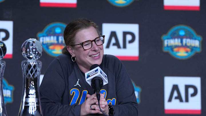 Apr 3, 2025; Tampa, FL, USA; UCLA Bruins coach Cori Close speaks after receiving the AP Coach of the Year trophy during press conference at Amalie Arena. Mandatory Credit: Kirby Lee-Imagn Images