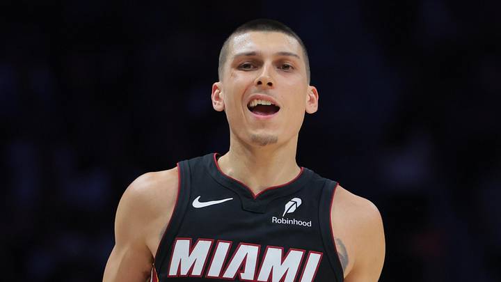 Apr 3, 2025; Miami, Florida, USA; Miami Heat guard Tyler Herro (14) reacts after scoring against the Memphis Grizzlies during the third quarter at Kaseya Center. Mandatory Credit: Sam Navarro-Imagn Images