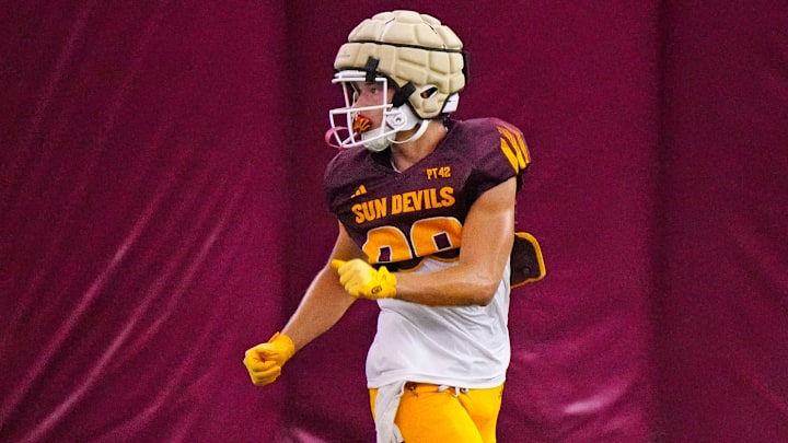 Arizona State wide receiver Harry Hassmann (89) runs a route during a practice at the Verde Dickey Dome in Tempe on Aug. 19, 2025.