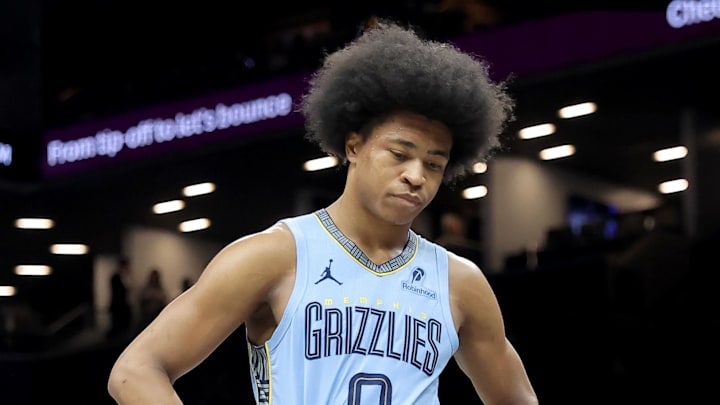 Mar 9, 2026; Brooklyn, New York, USA; Memphis Grizzlies forward Jaylen Wells (0) reacts during the third quarter against the Brooklyn Nets at Barclays Center. Mandatory Credit: Brad Penner-Imagn Images