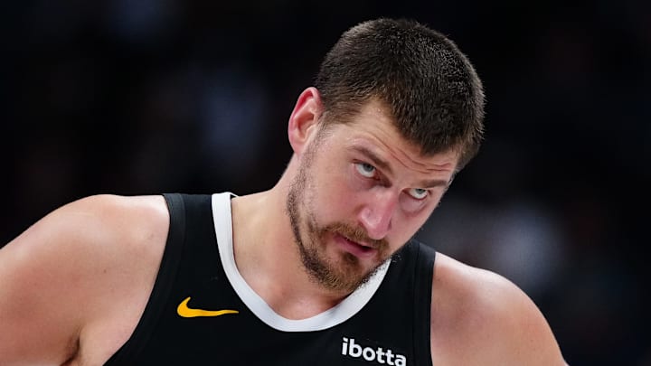 Mar 6, 2026; Denver, Colorado, USA; Denver Nuggets center Nikola Jokic (15) during the second quarter against the New York Knicks at Ball Arena. Mandatory Credit: Ron Chenoy-Imagn Images