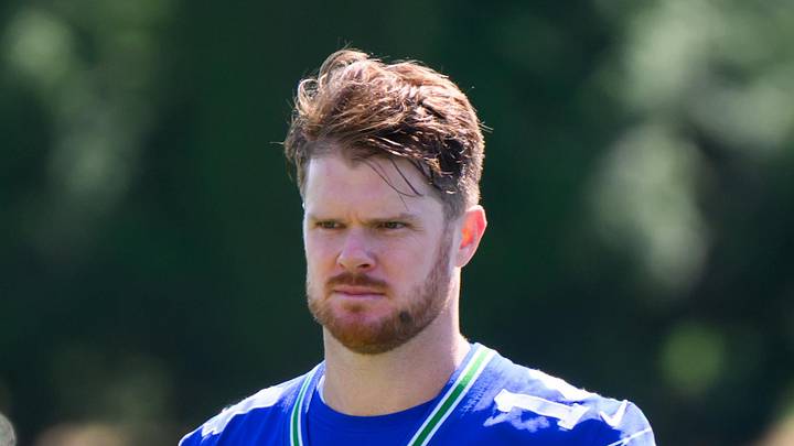 Seattle Seahawks quarterback Sam Darnold and offensive coordinator Brian Fleury during minicamp.