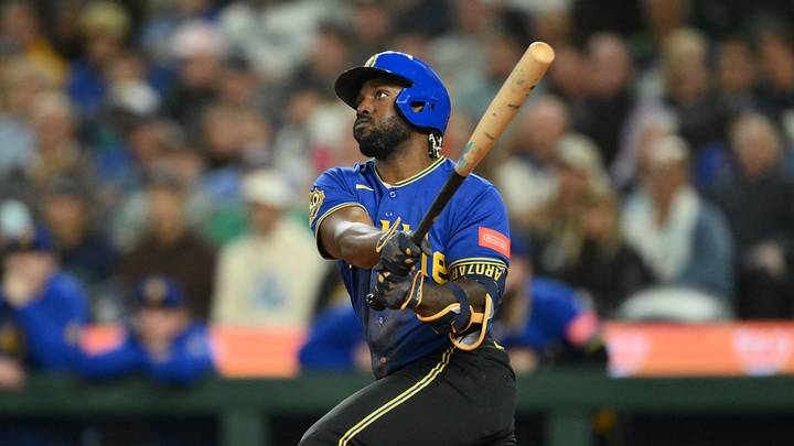 Sep 3, 2026; Seattle, Washington, USA; Seattle Mariners left fielder Randy Arozarena (56) hits a double against the Athletics during the sixth inning at T-Mobile Park. Mandatory Credit: Steven Bisig-Imagn Images