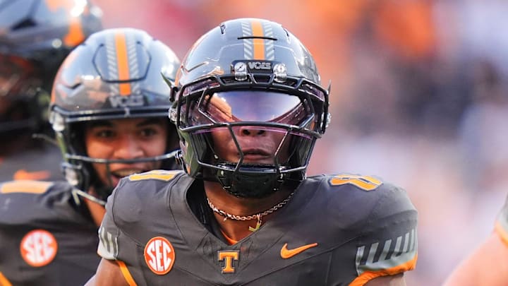 Tennessee defensive back Colton Hood (8) celebrates after a play stopping the New Mexico State offense in an NCAA college football game on November 15, 2025, in Knoxville, Tenn.