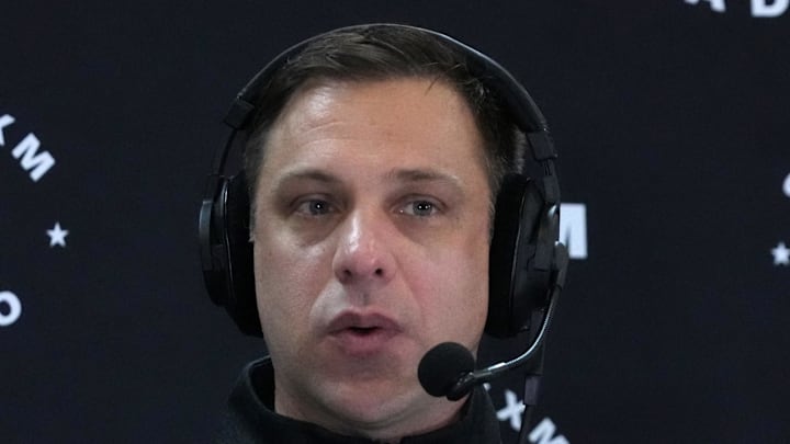Feb 27, 2024; Indianapolis, IN, USA; Kansas City Chiefs general manager Brett Veach on the SiriusXM radio set at the NFL Scouting Combine at Indiana Convention Center. Mandatory Credit: Kirby Lee-Imagn Images