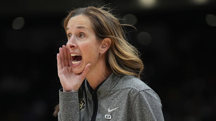 Mar 24, 2023; Seattle, WA, USA; Colorado Buffaloes coach JR Payne reacts against the Iowa Hawkeyes in the second half at Climate Pledge Arena.