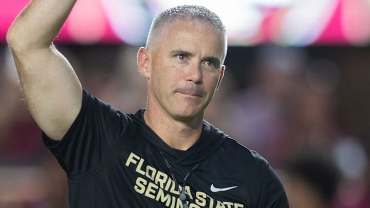 Florida State Seminoles head coach Mike Norvell walks down the field. The Miami Hurricanes lead the Florida State Seminoles 14-3 at the half on Saturday, Oct. 4, 2025.