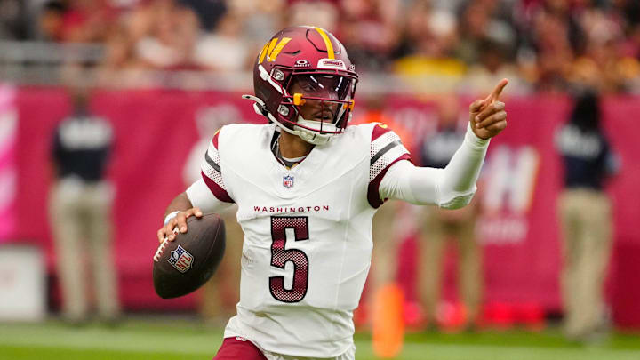 Despite missing almost all of last week's game with a rib injury, Washington Commanders rookie Jayden Daniels still ranks third among quarterbacks this season in fantasy points per game. He faces fellow rookie QB Caleb Williams and the Chicago Bears this week.