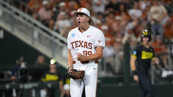 Texas Longhorns pitcher Dylan Volantis (99) reacts after completing the top of the fifth inning against the Oregon Ducks. Texas Longhorns pitcher Dylan Volantis (99) reacts after completing the top of the fifth inning against the Oregon Ducks.