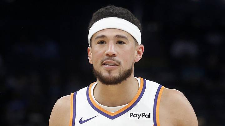 Mar 30, 2026; Memphis, Tennessee, USA; Phoenix Suns guard Devin Booker (1) reacts during the third quarter against the Memphis Grizzlies at FedExForum. Mandatory Credit: Petre Thomas-Imagn Images