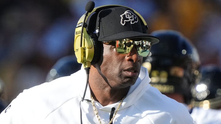 Oct 7, 2023; Tempe, Arizona, USA; Colorado Buffaloes head coach Deion Sanders walks the sidelines as his team takes on the ASU Sun Devils at Mountain America Stadium.