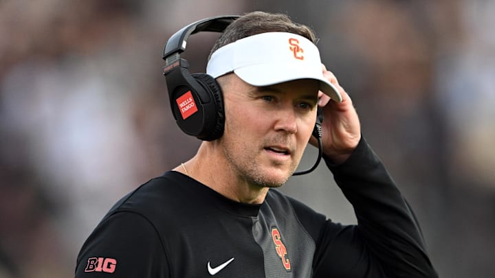 Sep 13, 2025; West Lafayette, Indiana, USA; Southern California Trojans head coach Lincoln Riley stands on the sidelines during the first quarter against the Purdue Boilermakers at Ross-Ade Stadium. Mandatory Credit: Marc Lebryk-Imagn Images