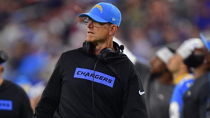 Dec 19, 2024; Inglewood, California, USA; Los Angeles Chargers head coach Jim Harbaugh watches game action against the Denver Broncos during the first half at SoFi Stadium. Mandatory Credit: Gary A. Vasquez-Imagn Images