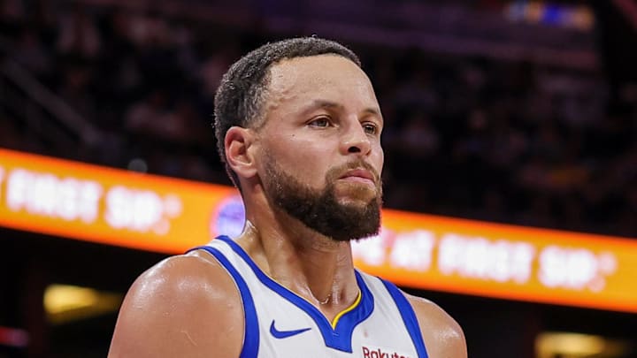 Golden State Warriors guard Stephen Curry after a timeout during the second half against the Orlando Magic.