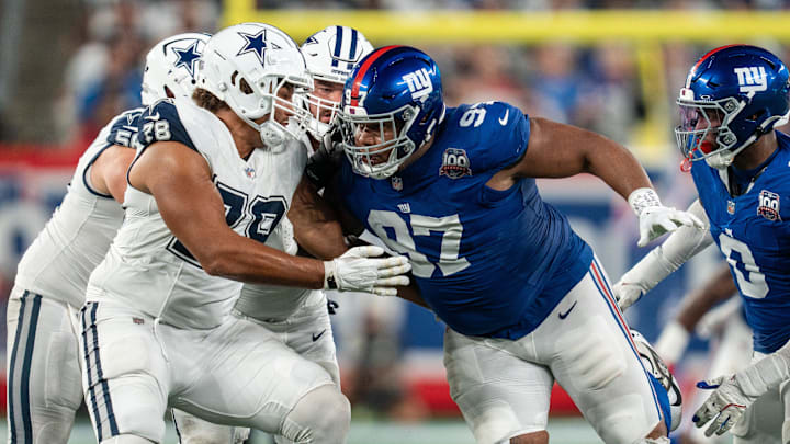 Sep 26, 2024; East Rutherford, NJ, US; New York Giants defensive tackle Dexter Lawrence II (97) rushes off the line of scrimmage at MetLife Stadium. Mandatory Credit: Julian Guadalupe-NorthJersey.com